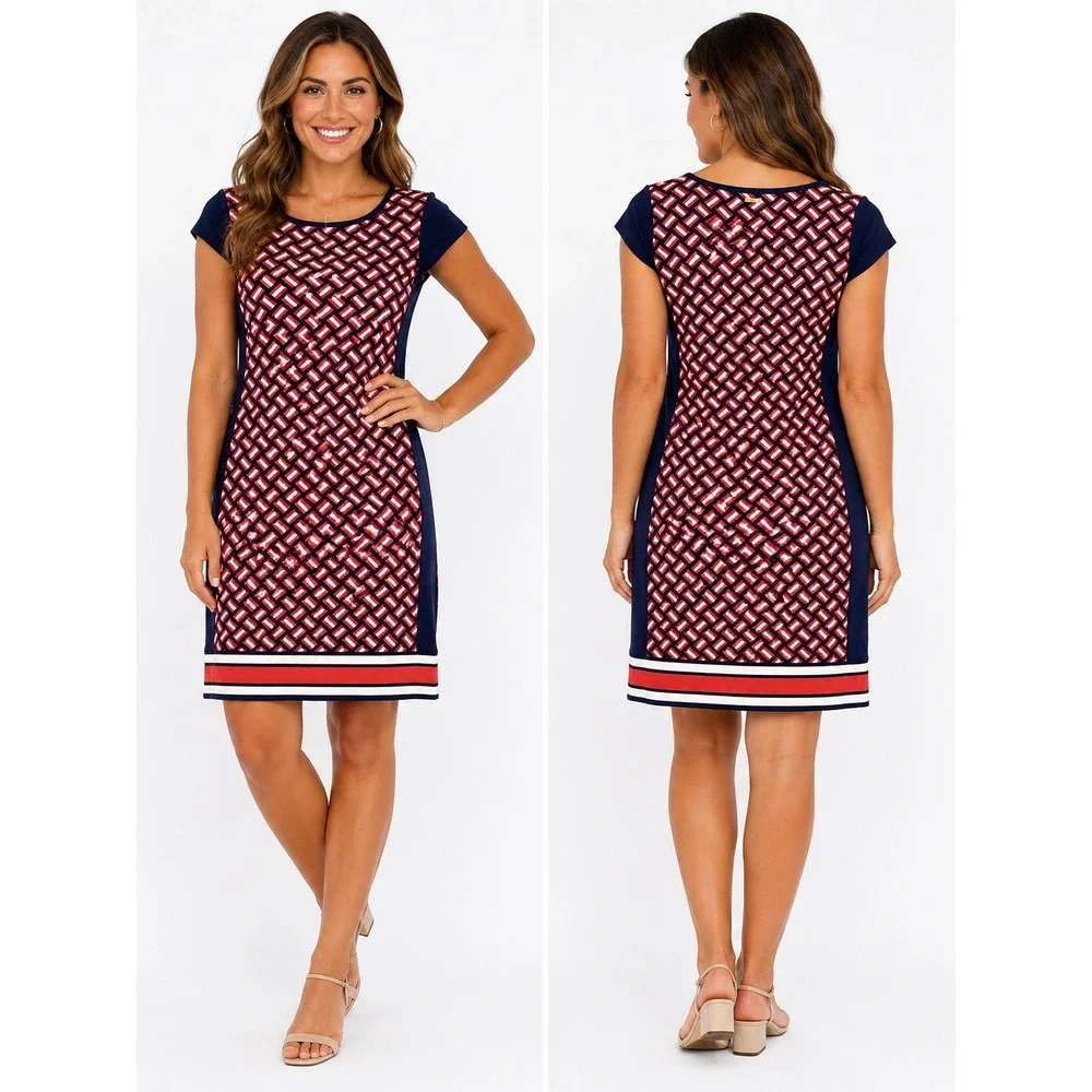 Michael Kors Women's Navy Red Geometric Link Print Cap Sleeve Sheath Dress Large